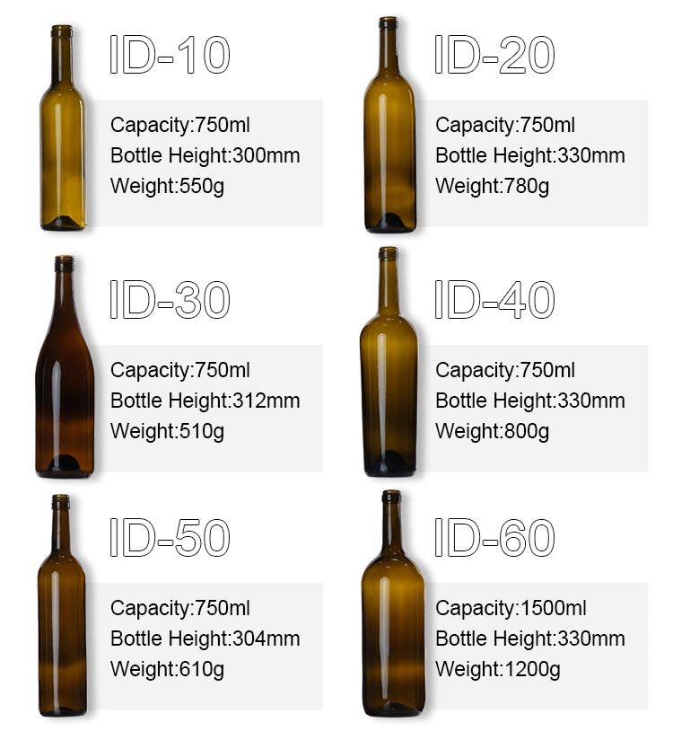 High Quality 187ml 375ml 750ml 1000ml Glass Wine Bottle for Bar and Home