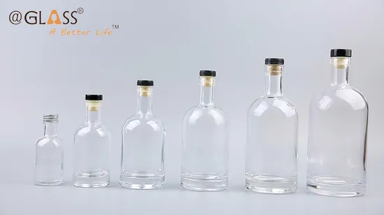 Venta al por mayor, botella de licor de vidrio de 100ml/200ml/375ml/500ml/700ml/750ml/1L, botellas de vidrio vacías redondas nórdicas con corcho de madera